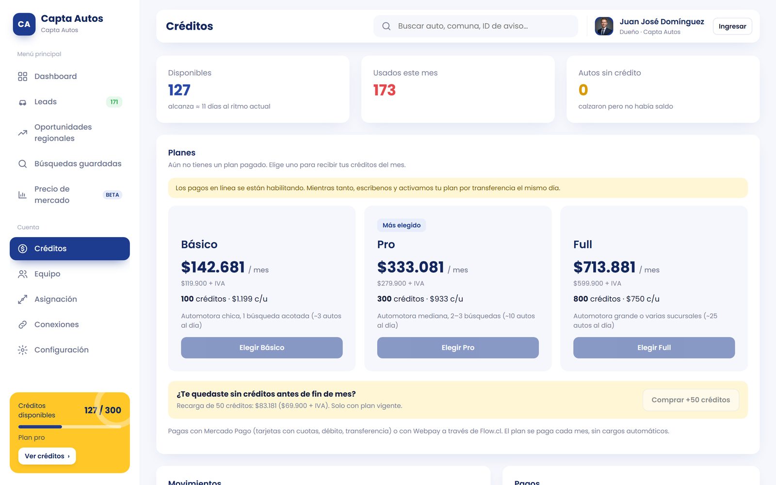 Planes y créditos: saldo, planes mensuales y recargas